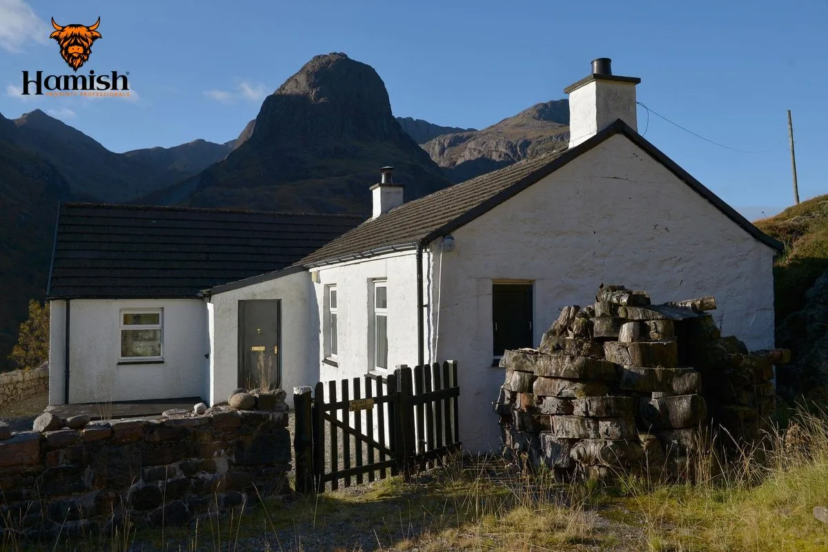 Rural Highland cottage with an oil heating tank and firewood beside the property