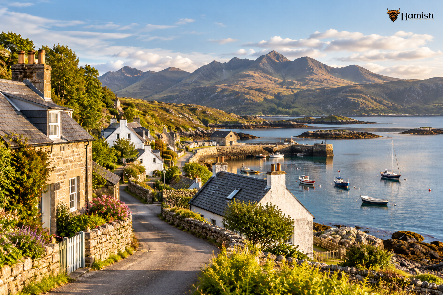 SELLING IN THE HIGHLANDS? WHY NOW COULD BE THE RIGHT TIME TO PLAN 3 Traditional stone cottages overlooking a small harbour with boats and mountains in the Scottish Highlands.