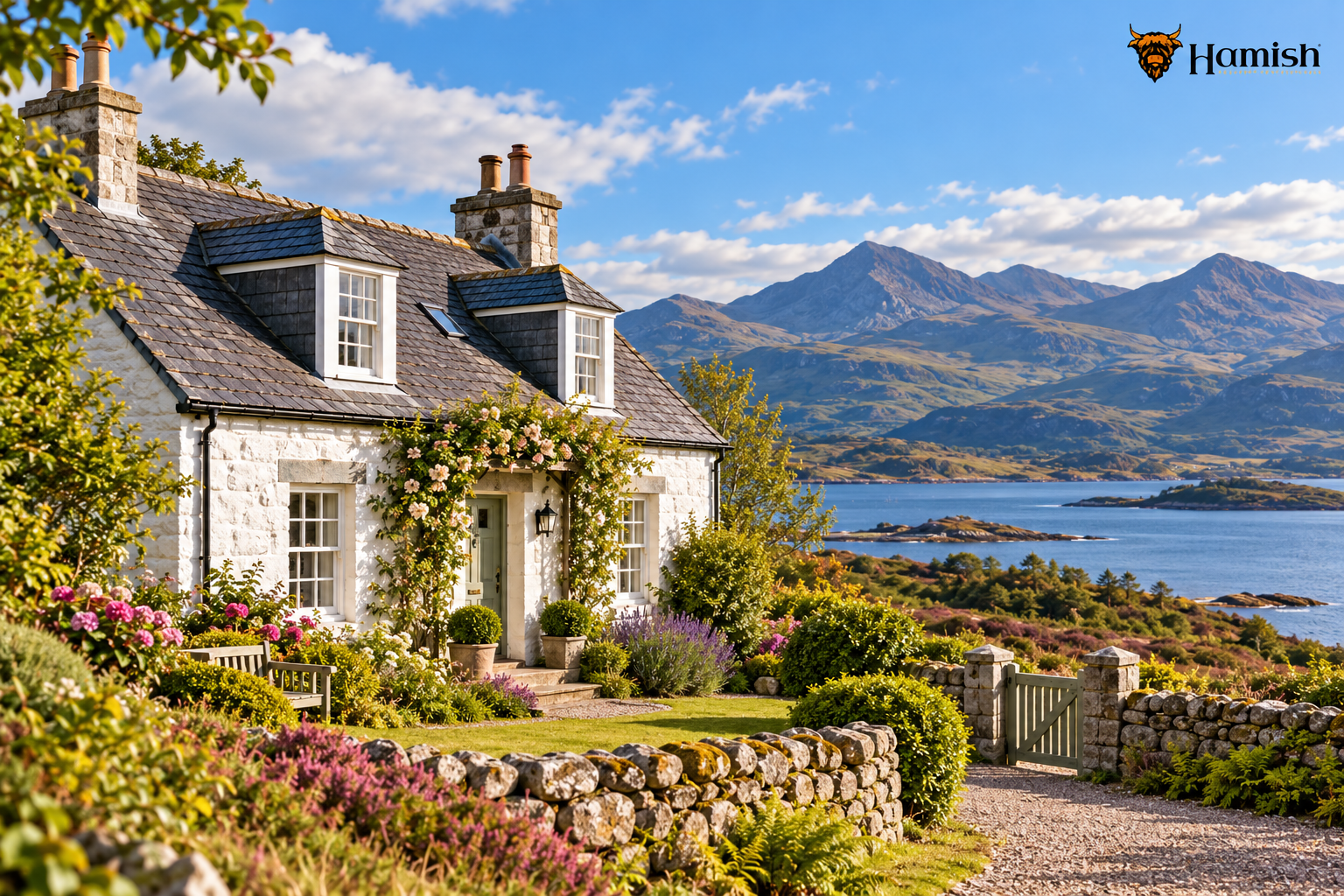 Traditional white Highland holiday cottage with a stone wall, garden and views across a Scottish.