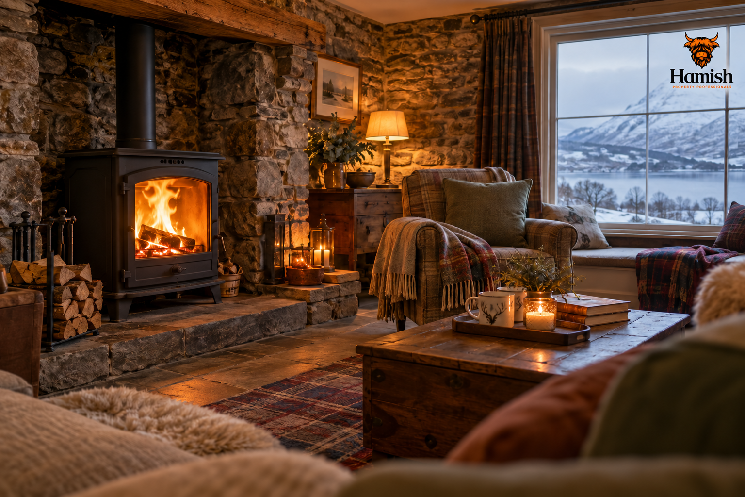 Wood-burning stove in Highland home
