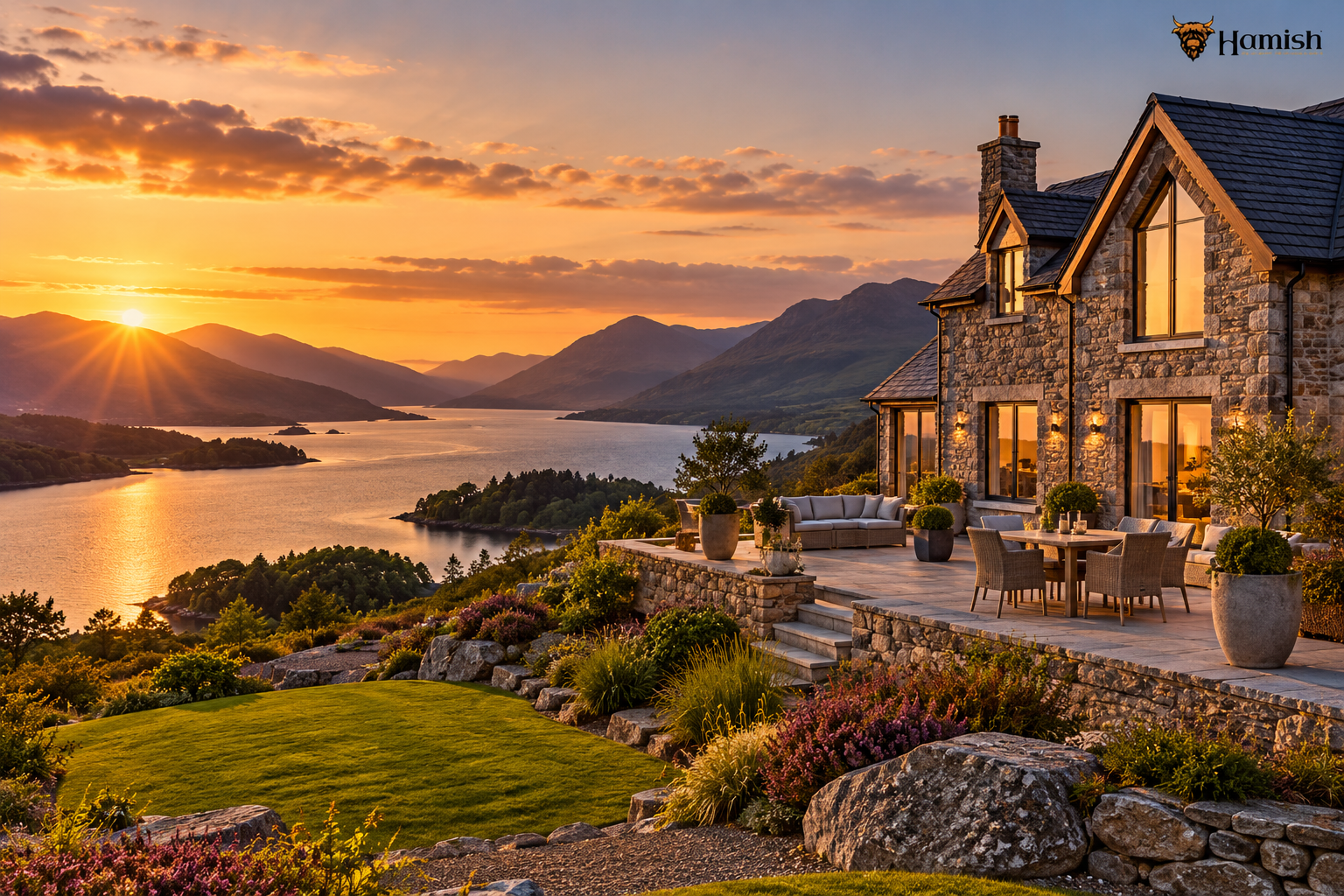 SELLING IN THE HIGHLANDS? WHY NOW COULD BE THE RIGHT TIME TO PLAN 1 Modern stone holiday home with an outdoor terrace overlooking a Highland at sunset.