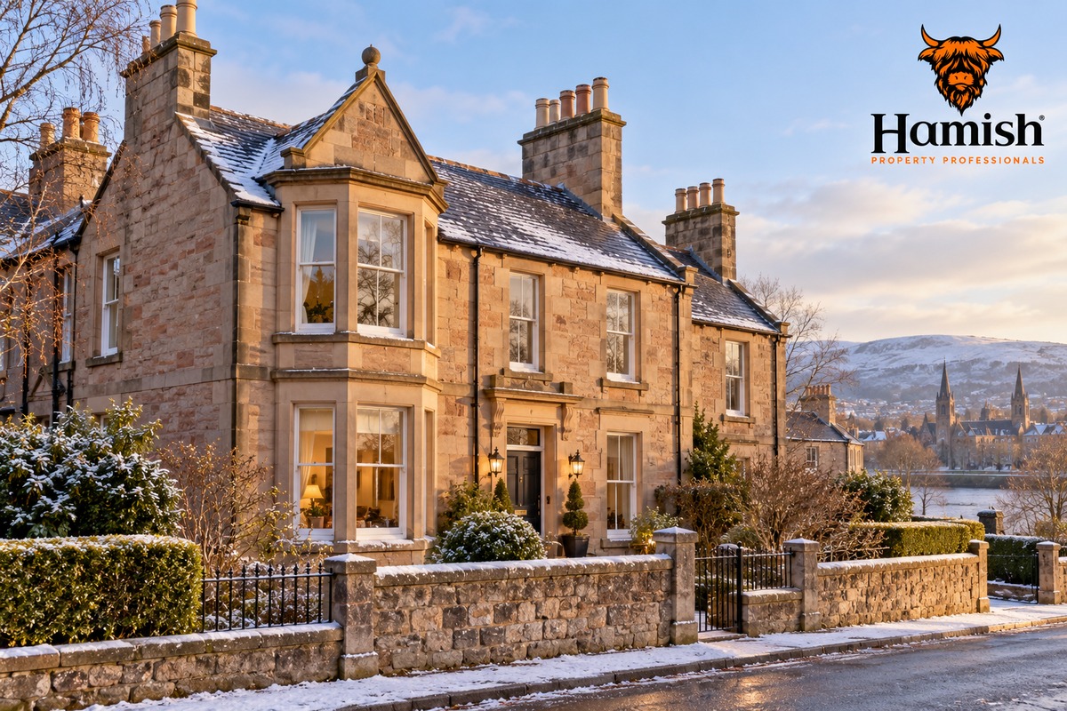 Traditional Victorian homes in Inverness with sash windows and tall chimneys in soft winter light