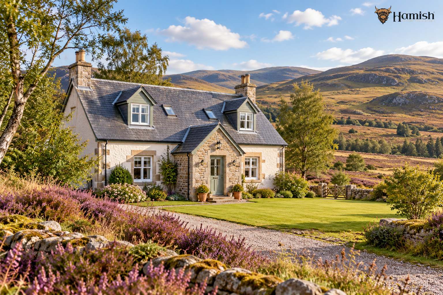 SELLING IN THE HIGHLANDS? WHY NOW COULD BE THE RIGHT TIME TO PLAN 2 Traditional stone cottage with a landscaped garden surrounded by hills and countryside in the Scottish Highlands.