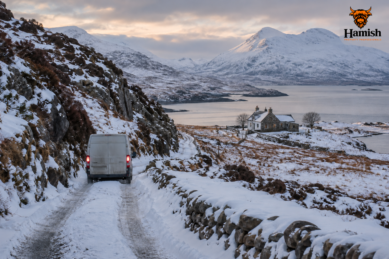 Snowy Highland road to remote home