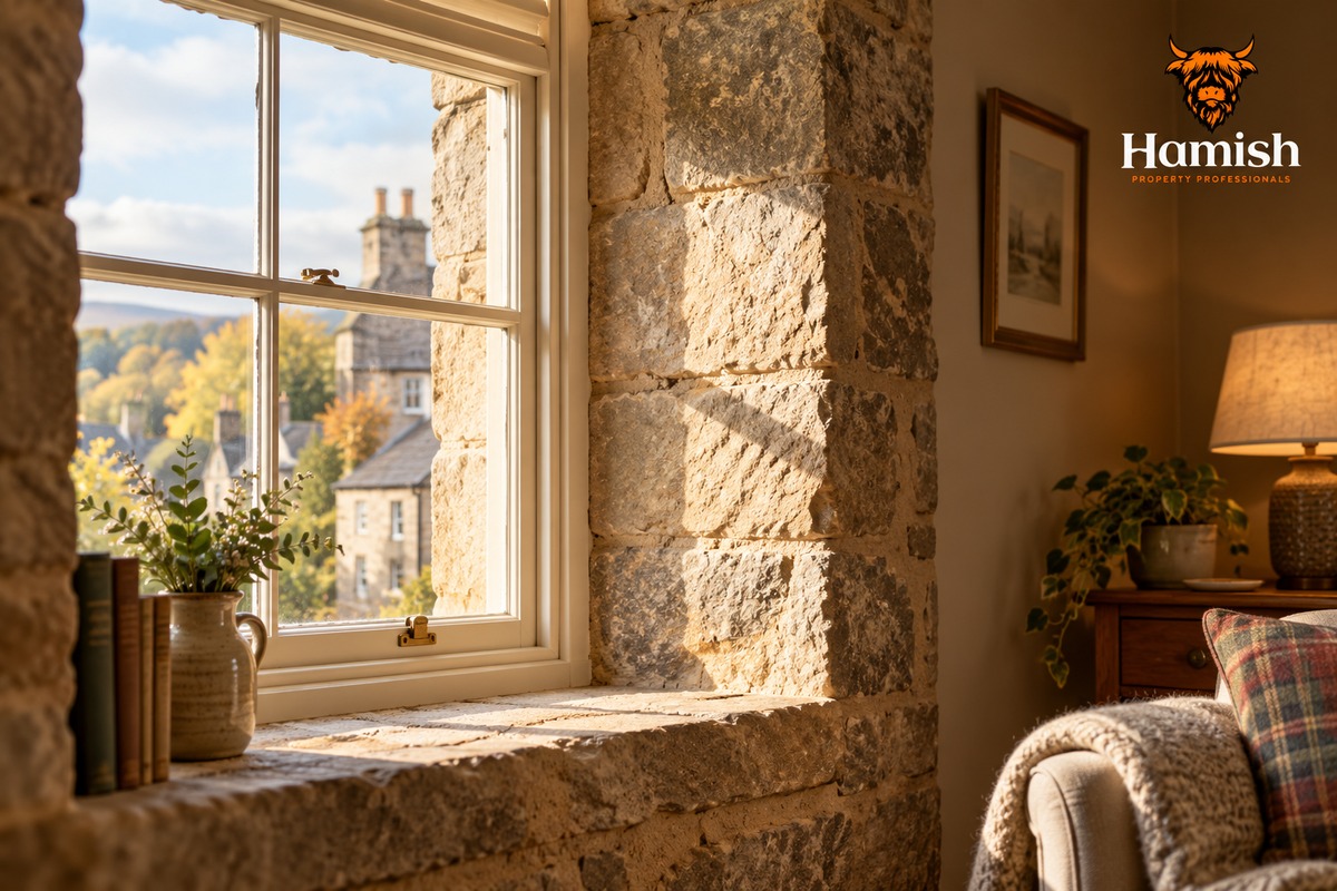 WHAT DOES THE HEAT IN BUILDINGS BILL MEAN FOR OLDER HOMES? 2 Close-up of thick stone walls and a deep-set sash window in an older home