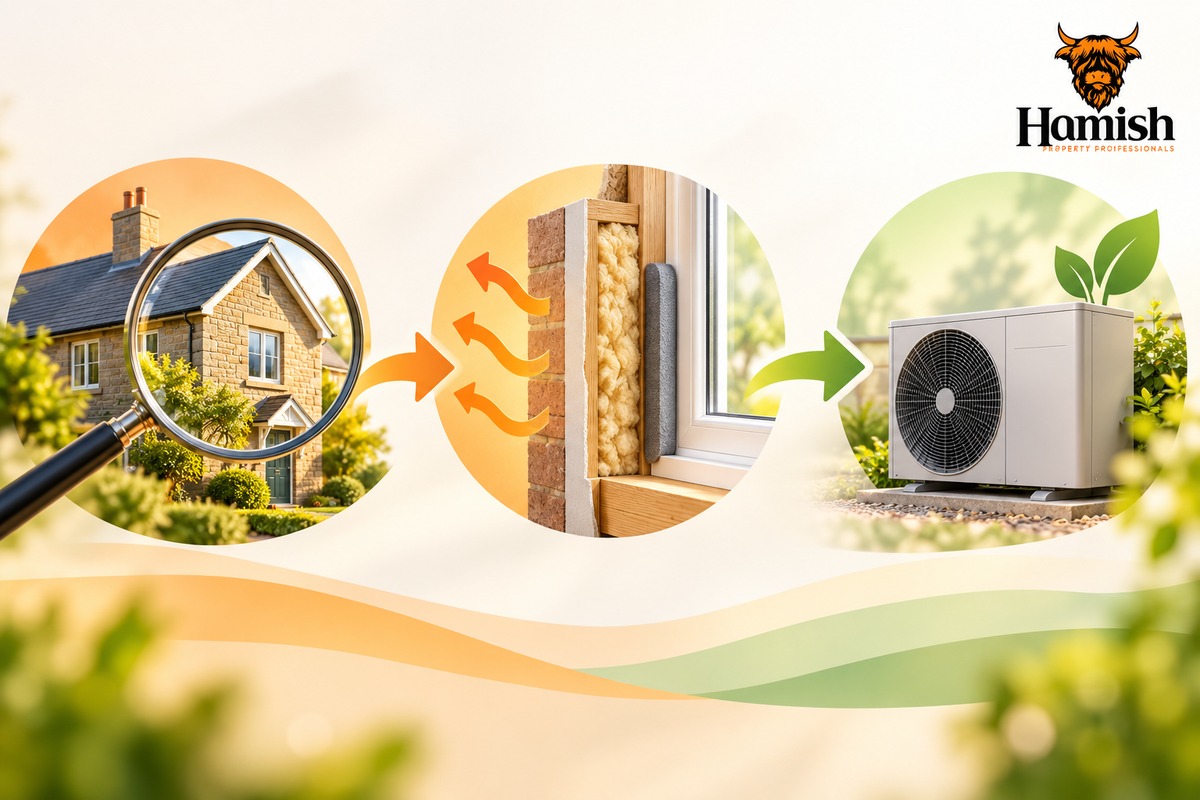 WHAT DOES THE HEAT IN BUILDINGS BILL MEAN FOR OLDER HOMES? 5 Infographic showing the sequence of understanding the building, reducing heat loss and considering clean heat options